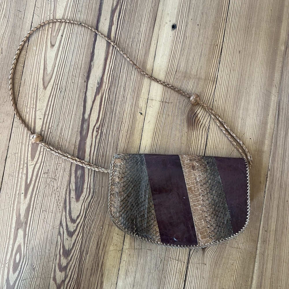 VTG Brown Tan Snake Eel Skin Leather Envelope Clutch Handbag Purse